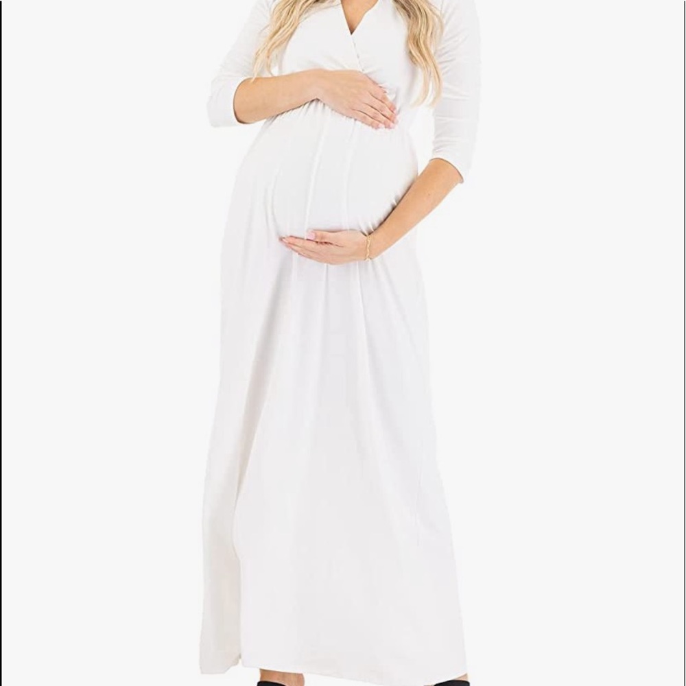 MOTHERBEE Maternity V-Neck 3/4 Sleeve Ruched Waist Dress